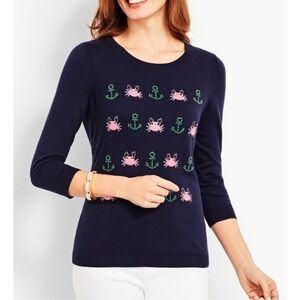 Talbots Seashore Embroidered crewneck Petite 2X Crab Anchor Sweater